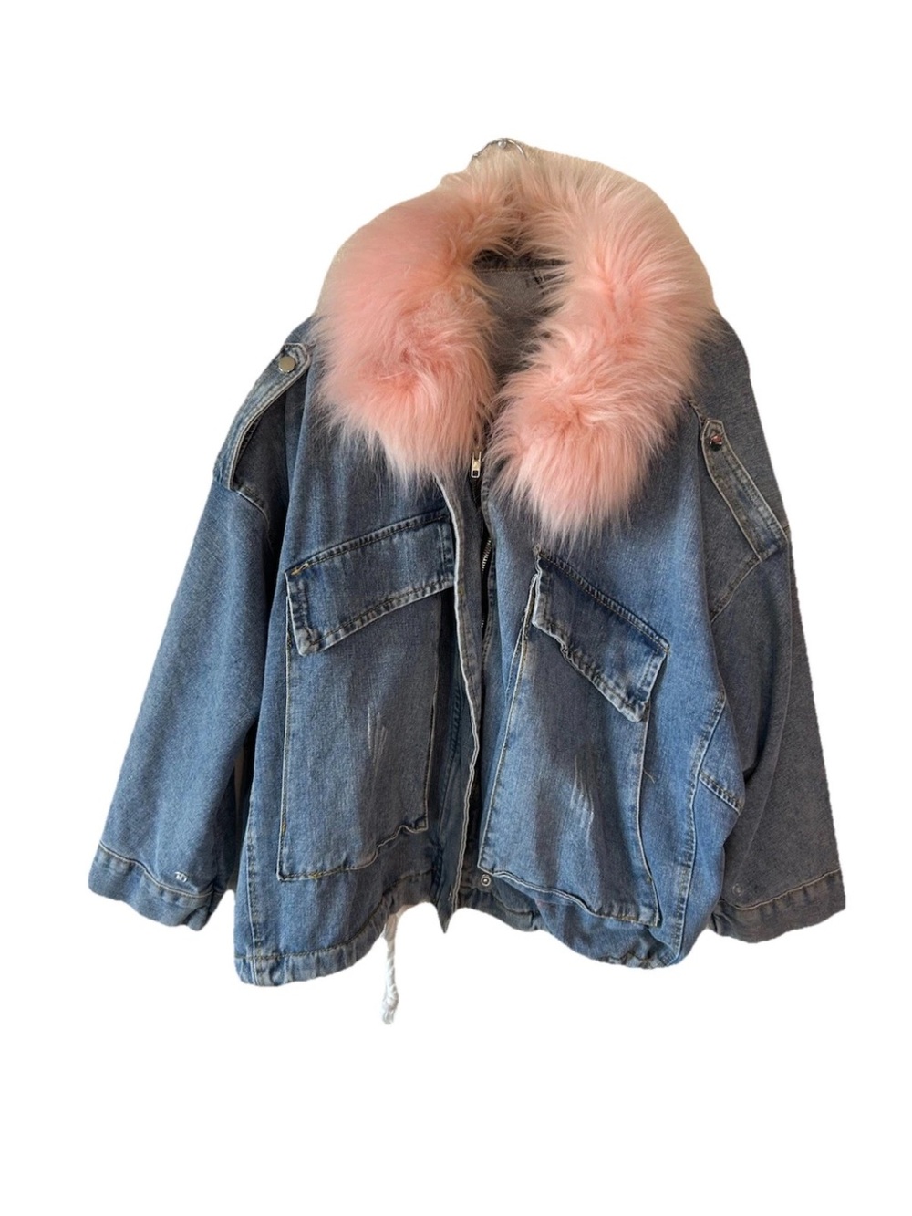 Y2K Oversized Denim Jacket Pink Faux Fur Collar Barbiecore XL 2X